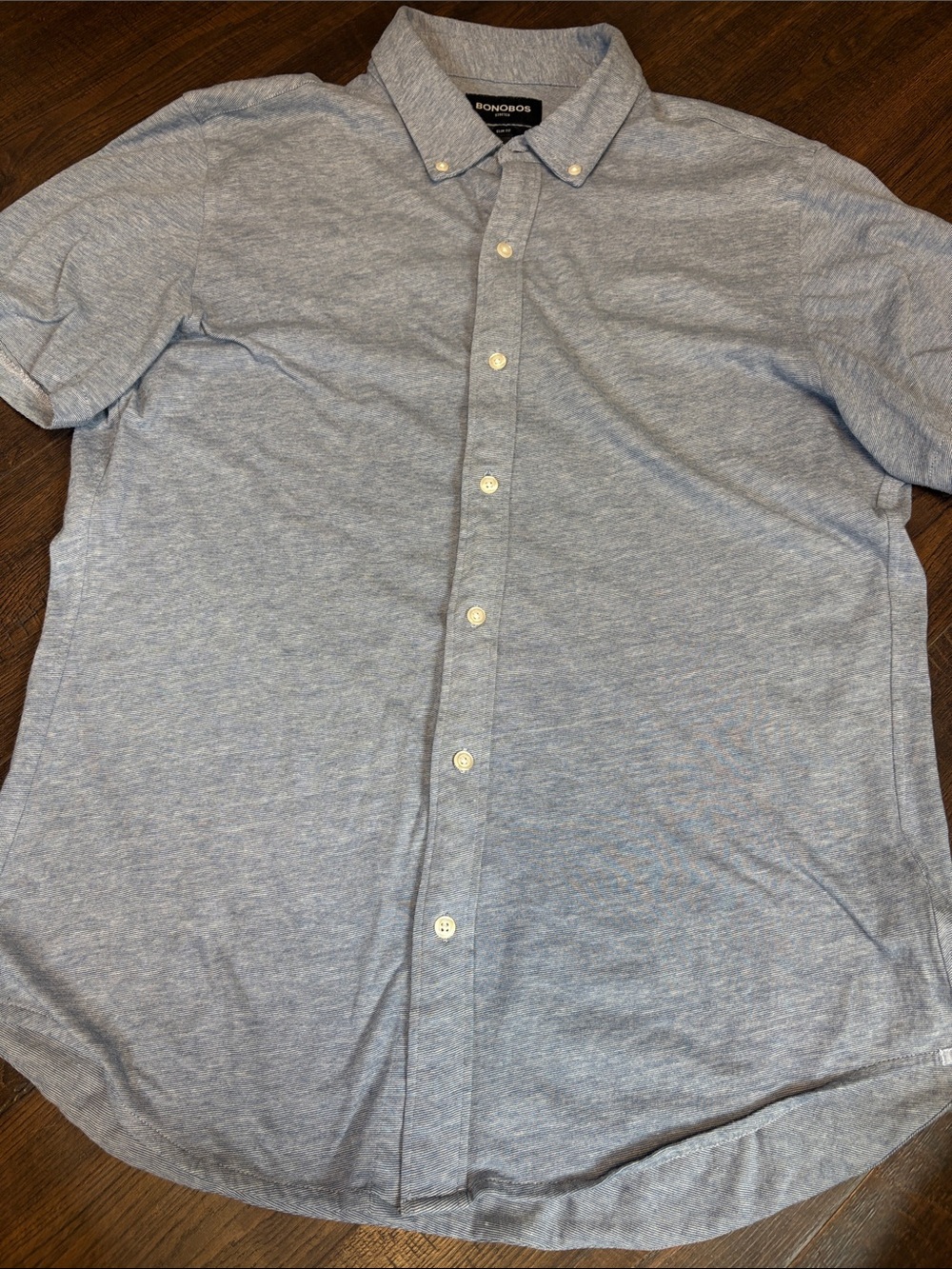Bonobos Heathered Sky Blue Short-Sleeve Button-Down slim fit stretch Shirt men L